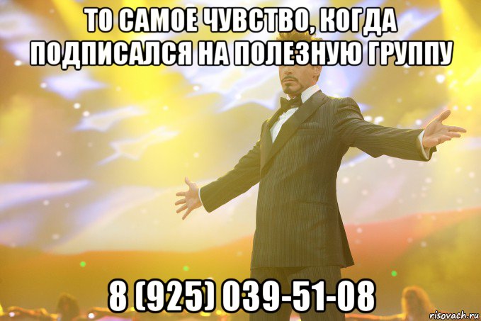 ТО САМОЕ ЧУВСТВО, КОГДА ПОДПИСАЛСЯ НА ПОЛЕЗНУЮ ГРУППУ 8 (925) 039-51-08, Мем Тони Старк (Роберт Дауни младший)