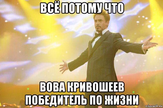 Всё потому что Вова Кривошеев победитель по жизни, Мем Тони Старк (Роберт Дауни младший)