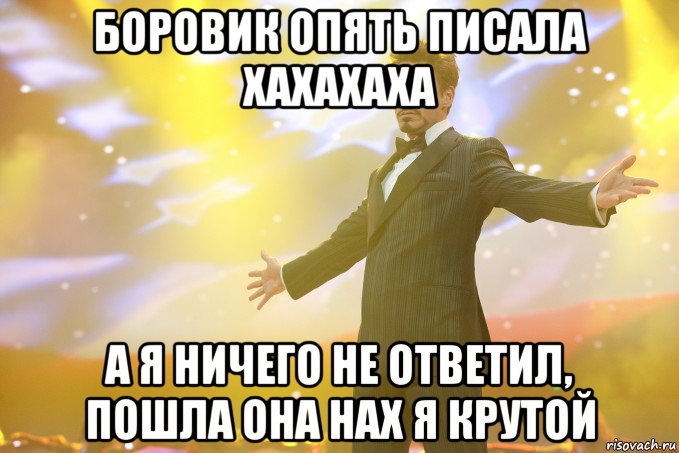 боровик опять писала хахахаха а я ничего не ответил, пошла она нах я крутой, Мем Тони Старк (Роберт Дауни младший)