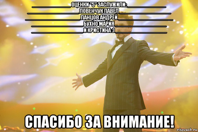 ____________ оценки "5" заслужили: ____________ ________________ Ловенчук Павел ________________ _________________ Ланцов Андрей _________________ ________________ Бухно Мария ________________ ________________ И Кристина :) ________________ СПАСИБО ЗА ВНИМАНИЕ!, Мем Тони Старк (Роберт Дауни младший)