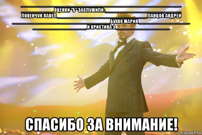 ____________________________________________________________ ____________ оценки "5" заслужили: ____________ ________________ Ловенчук Павел ________________ _________________ Ланцов Андрей _________________ ___________________ Бухно Мария ___________________ ____________________ И Кристина :) ____________________ СПАСИБО ЗА ВНИМАНИЕ!, Мем Тони Старк (Роберт Дауни младший)