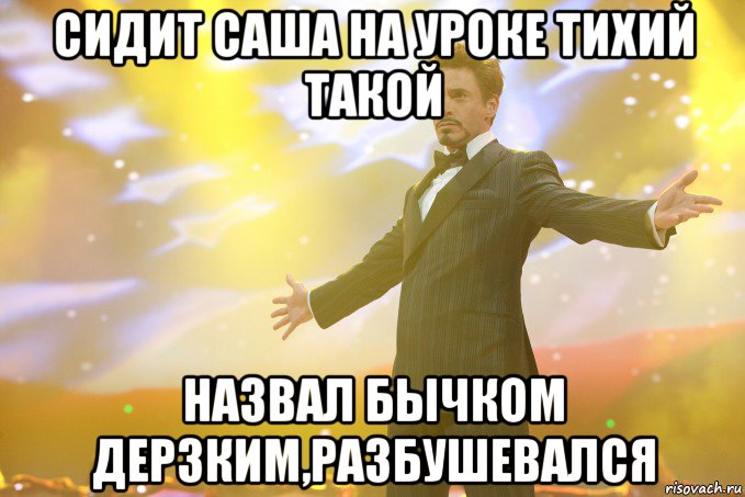 Сидит саша на уроке тихий такой Назвал бычком дерзким,разбушевался, Мем Тони Старк (Роберт Дауни младший)