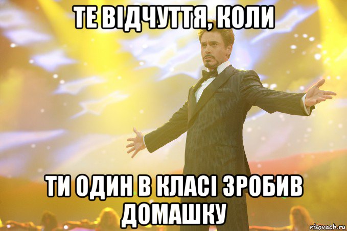 ТЕ ВІДЧУТТЯ, КОЛИ ТИ ОДИН В КЛАСІ ЗРОБИВ ДОМАШКУ, Мем Тони Старк (Роберт Дауни младший)