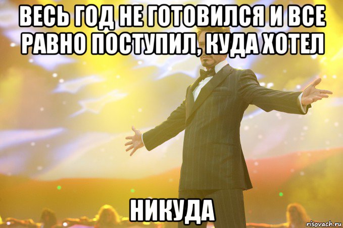 ВЕСЬ ГОД НЕ ГОТОВИЛСЯ И ВСЕ РАВНО ПОСТУПИЛ, КУДА ХОТЕЛ НИКУДА, Мем Тони Старк (Роберт Дауни младший)