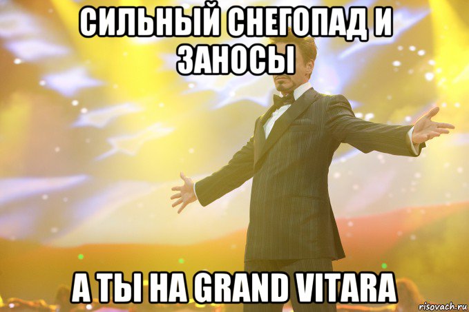 Сильный снегопад и заносы А ты на Grand Vitara, Мем Тони Старк (Роберт Дауни младший)