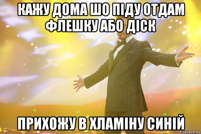 Кажу дома шо пiду отдам флешку або дiск Прихожу в хламiну синiй, Мем Тони Старк (Роберт Дауни младший)