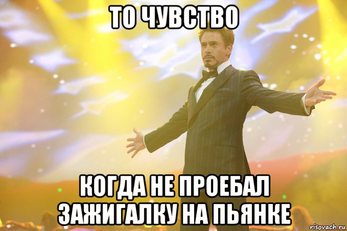 ТО ЧУВСТВО КОГДА НЕ ПРОЕБАЛ ЗАЖИГАЛКУ НА ПЬЯНКЕ, Мем Тони Старк (Роберт Дауни младший)