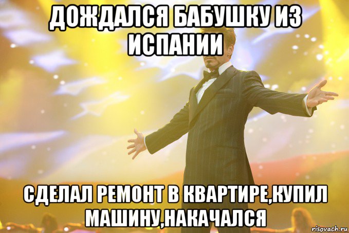 дождался бабушку из испании сделал ремонт в квартире,купил машину,накачался, Мем Тони Старк (Роберт Дауни младший)