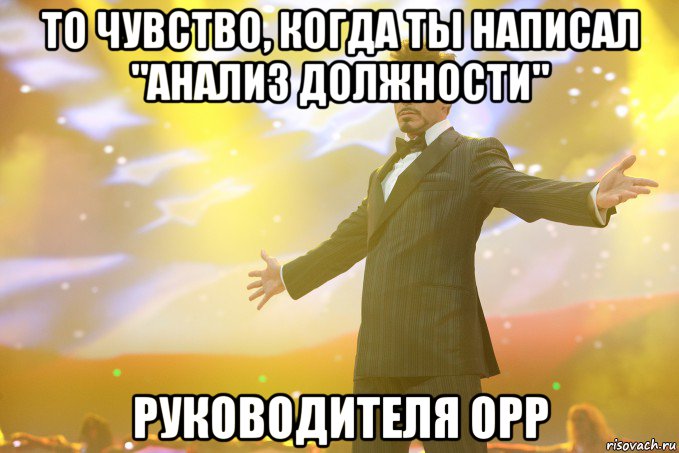 То чувство, когда ты написал "анализ должности" Руководителя ОРР, Мем Тони Старк (Роберт Дауни младший)