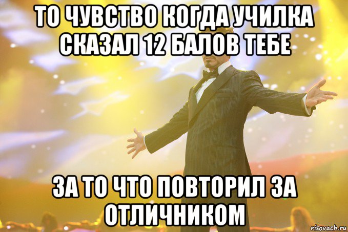 То чувство когда училка сказал 12 балов тебе За то что повторил за отличником, Мем Тони Старк (Роберт Дауни младший)