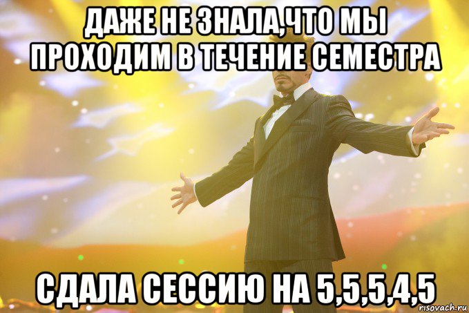 Даже не знала,что мы проходим в течение семестра Сдала сессию на 5,5,5,4,5, Мем Тони Старк (Роберт Дауни младший)