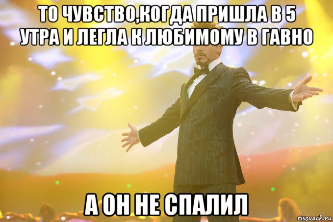 то чувство,когда пришла в 5 утра и легла к любимому в гавно а он не спалил, Мем Тони Старк (Роберт Дауни младший)