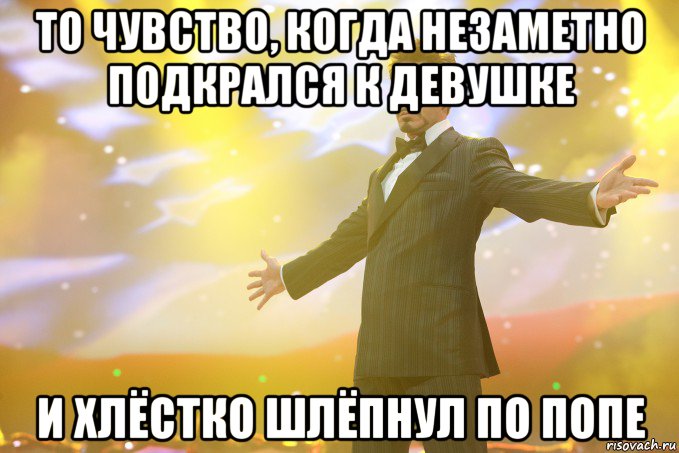 То чувство, когда незаметно подкрался к девушке и хлёстко шлёпнул по попе, Мем Тони Старк (Роберт Дауни младший)