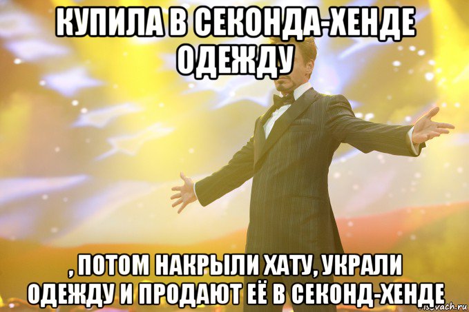 купила в секонда-хенде одежду , потом накрыли хату, украли одежду и продают её в секонд-хенде, Мем Тони Старк (Роберт Дауни младший)