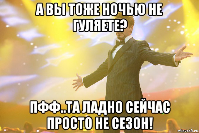 А вы тоже ночью не гуляете? Пфф..Та ладно сейчас просто не сезон!, Мем Тони Старк (Роберт Дауни младший)