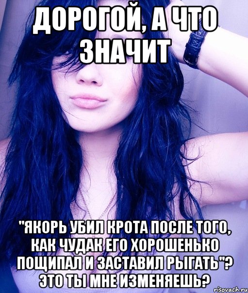 Дорогой, а что значит "Якорь убил крота после того, как чудак его хорошенько пощипал и заставил рыгать"? Это ты мне изменяешь?, Мем тупая пизда