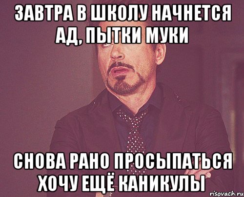 завтра в школу начнется ад, пытки муки снова рано просыпаться хочу ещё каникулы, Мем твое выражение лица