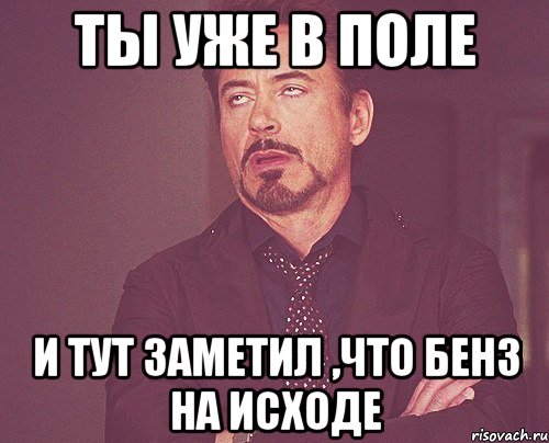 ты уже в поле и тут заметил ,что бенз на исходе, Мем твое выражение лица