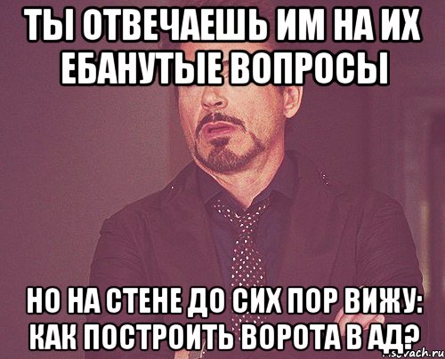 ТЫ ОТВЕЧАЕШЬ ИМ НА ИХ ЕБАНУТЫЕ ВОПРОСЫ НО НА СТЕНЕ ДО СИХ ПОР ВИЖУ: КАК ПОСТРОИТЬ ВОРОТА В АД?, Мем твое выражение лица