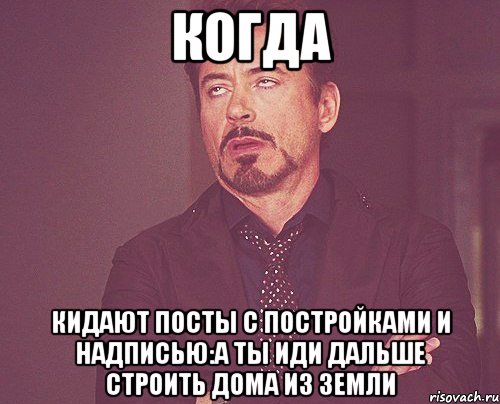 Когда Кидают посты с постройками и надписью:А ты иди дальше строить дома из земли, Мем твое выражение лица