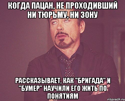 когда пацан, не проходивший ни тюрьму, ни зону рассказывает, как "Бригада" и "Бумер" научили его жить по понятиям, Мем твое выражение лица