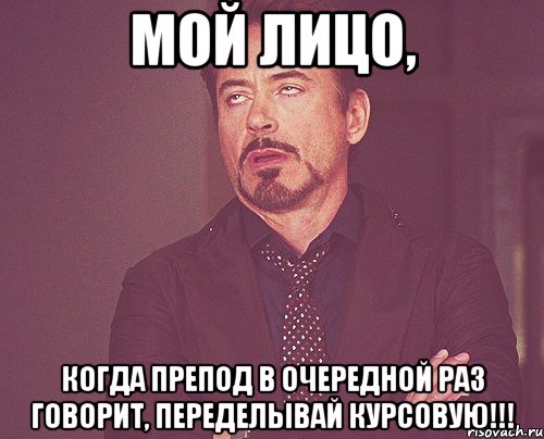 МОЙ ЛИЦО, КОГДА ПРЕПОД В ОЧЕРЕДНОЙ РАЗ ГОВОРИТ, ПЕРЕДЕЛЫВАЙ КУРСОВУЮ!!!, Мем твое выражение лица