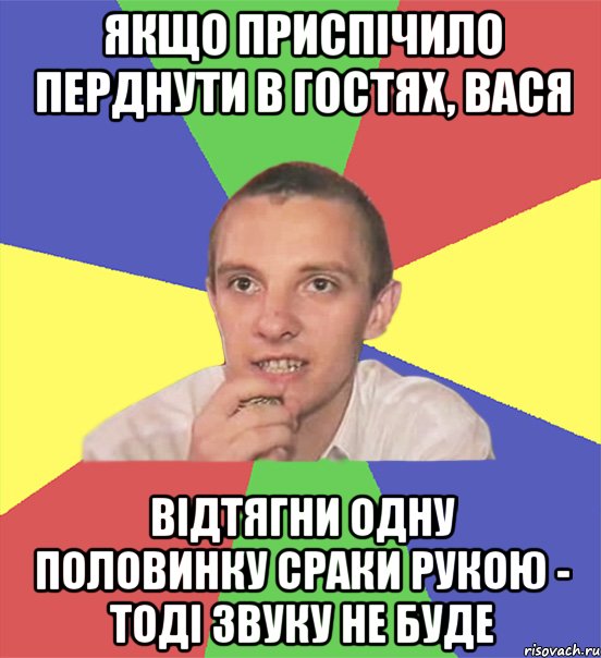 якщо приспічило перднути в гостях, вася відтягни одну половинку сраки рукою - тоді звуку не буде, Мем вася