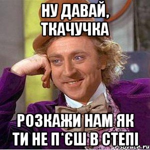 Ну давай, Ткачучка розкажи нам як ти не п*єш в Степі, Мем Ну давай расскажи (Вилли Вонка)