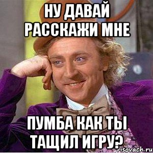 Ну давай расскажи мне Пумба как ты тащил игру?, Мем Ну давай расскажи (Вилли Вонка)