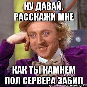 Ну давай, расскажи мне Как ты камнем пол сервера забил, Мем Ну давай расскажи (Вилли Вонка)