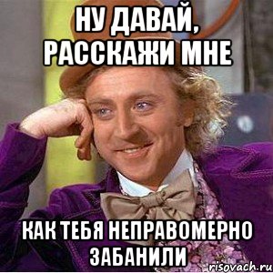 ну давай, расскажи мне как тебя неправомерно забанили, Мем Ну давай расскажи (Вилли Вонка)