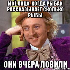 Моё лицо, когда рыбак рассказывает сколько рыбы они вчера ловили, Мем Ну давай расскажи (Вилли Вонка)