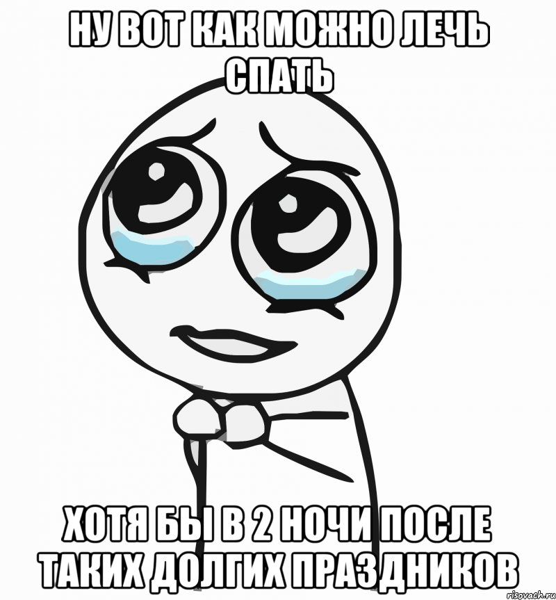 Ну вот как можно лечь спать Хотя бы в 2 ночи после таких долгих праздников, Мем  ну пожалуйста (please)