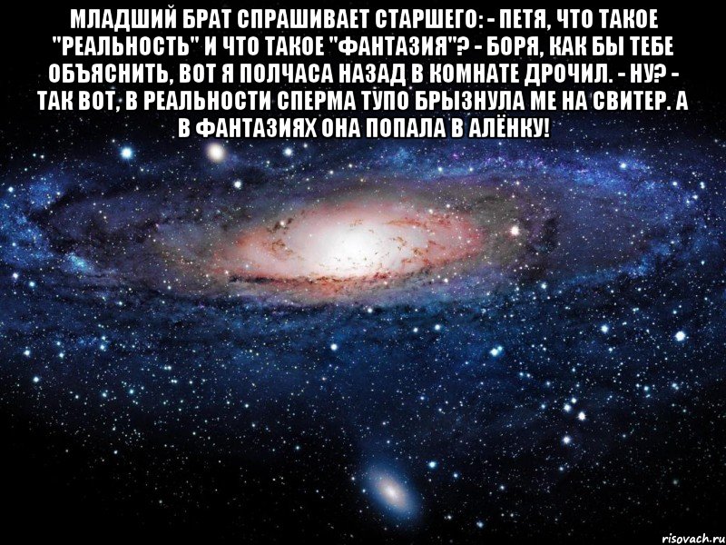 Младший брат спрашивает старшего: - Петя, что такое "реальность" и что такое "фантазия"? - Боря, как бы тебе объяснить, вот я полчаса назад в комнате дрочил. - Ну? - Так вот, в реальности сперма тупо брызнула ме на свитер. А в фантазиях она попала в Алёнку! , Мем Вселенная