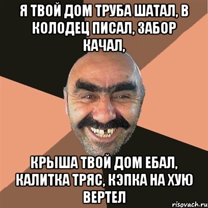 Я твой дом труба шатал, в колодец писал, забор качал, крыша твой дом ебал, калитка тряс, кэпка на хую вертел, Мем Я твой дом труба шатал