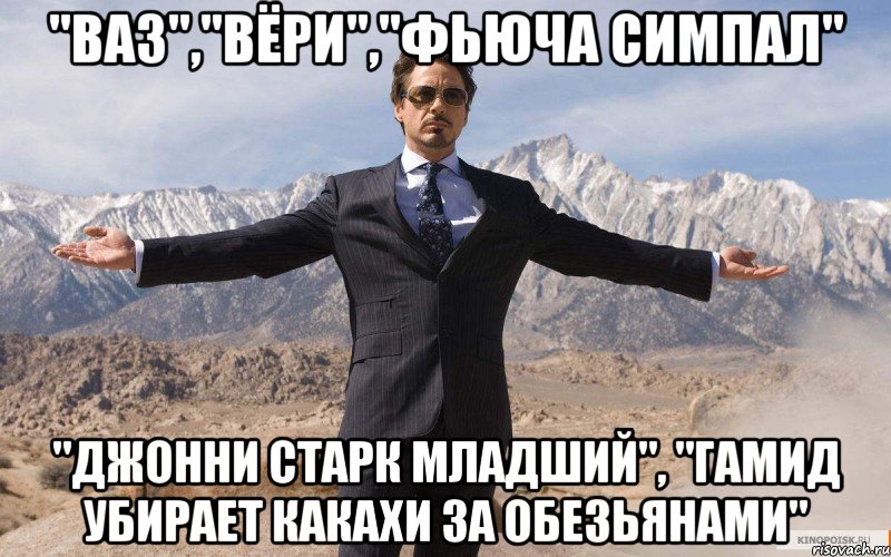 "Ваз","Вёри","Фьюча Симпал" "Джонни Старк Младший", "Гамид убирает какахи за обезьянами", Мем железный человек