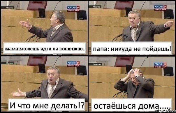 мама:можешь идти на конюшню. папа: никуда не пойдешь! И что мне делать!? остаёшься дома....., Комикс Жирик в шоке хватается за голову