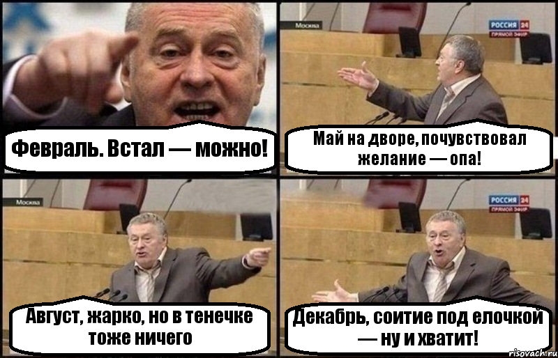 Февраль. Встал — можно! Май на дворе, почувствовал желание — опа! Август, жарко, но в тенечке тоже ничего Декабрь, соитие под елочкой — ну и хватит!