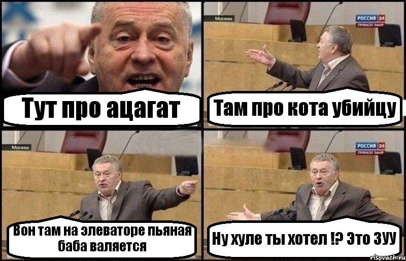 Тут про ацагат Там про кота убийцу Вон там на элеваторе пьяная баба валяется Ну хуле ты хотел !? Это ЗУУ