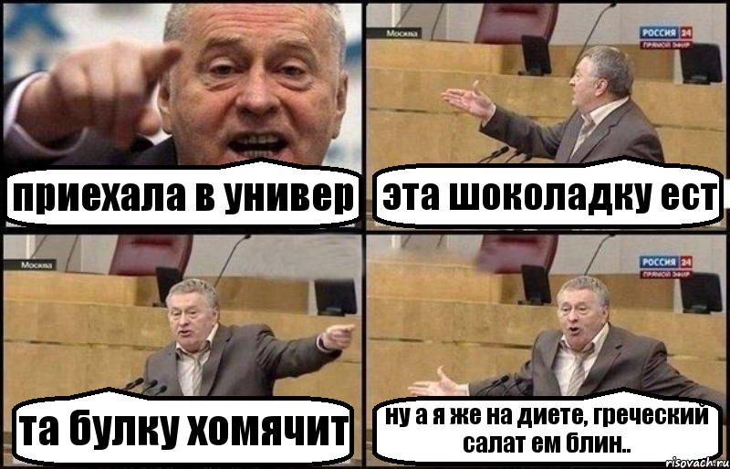 приехала в универ эта шоколадку ест та булку хомячит ну а я же на диете, греческий салат ем блин..