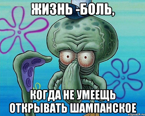 Жизнь -боль, Когда не умеещь открывать шампанское, Комикс   Сквидвард с выпученными глазами (жизнь-боль)