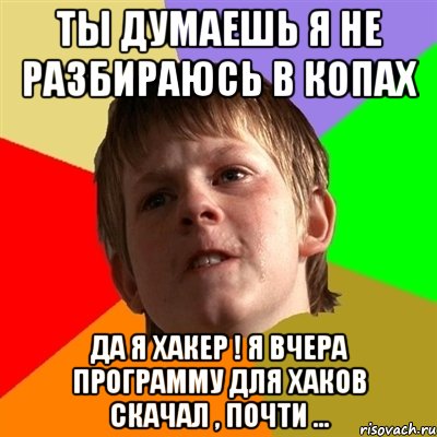 Ты думаешь я не разбираюсь в копах Да я хакер ! я вчера программу для хаков скачал , почти ..., Мем Злой школьник