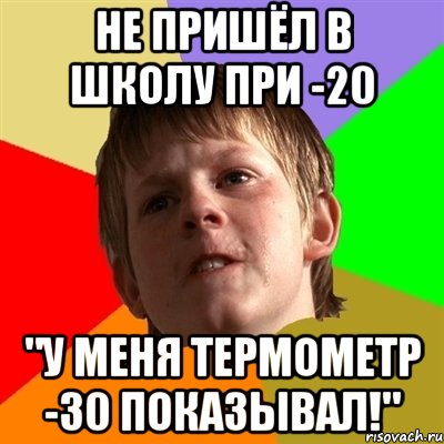 Не пришёл в школу при -20 "У меня термометр -30 показывал!", Мем Злой школьник