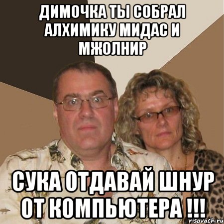 Димочка ты собрал алхимику мидас и мжолнир сука отдавай шнур от компьютера !!!, Мем  Злые родители