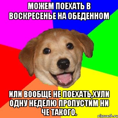 Можем поехать в воскресенье на обеденном Или вообще не поехать,хули одну неделю пропустим ни че такого., Мем Advice Dog