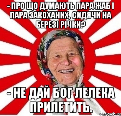 - Про що думають пара жаб і пара закоханих, сидячи на березі річки? - Не дай бог лелека прилетить., Мем  бабуля