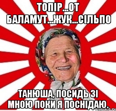 Топір...От баламут...Жук...Сільпо Танюша, посидь зі мною поки я поснідаю., Мем  бабуля