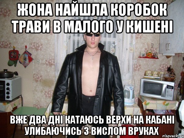 жона найшла коробок трави в малого у кишені вже два дні катаюсь верхи на кабані улибаючись з вислом вруках
