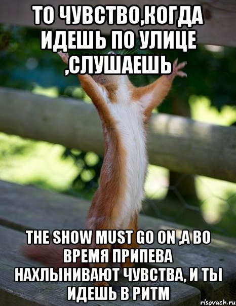 то чувство,когда идешь по улице ,слушаешь The show must go on ,а во время припева нахлынивают чувства, и ты идешь в ритм, Мем    белка молится