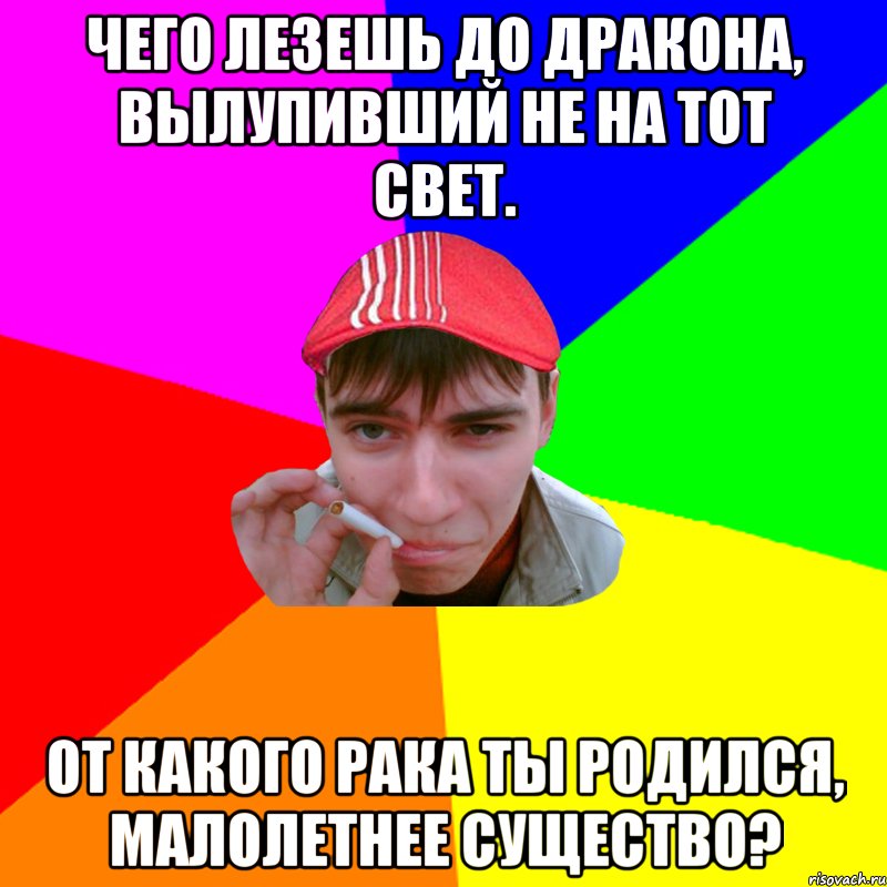 Чего лезешь до дракона, вылупивший не на тот свет. От какого рака ты родился, малолетнее существо?